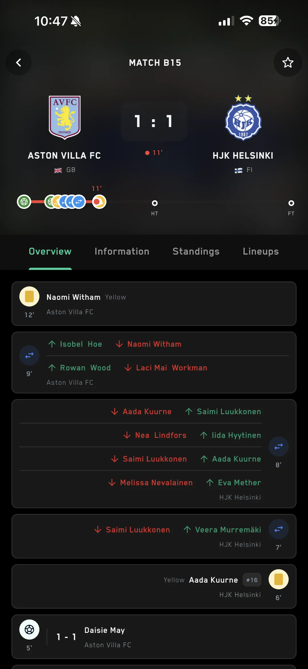 Live match referee panel — score 2-1, 67' clock running, tap +Goal Home → public-side updates instantly.